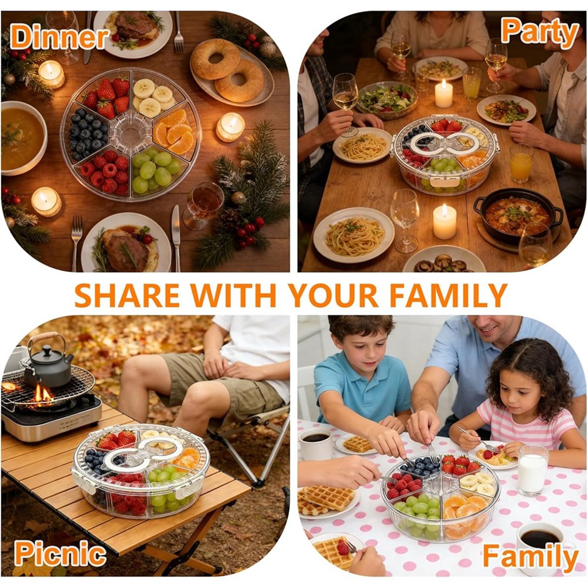 Snack Container Travel - Light Weight Rotating Divided Serving Tray